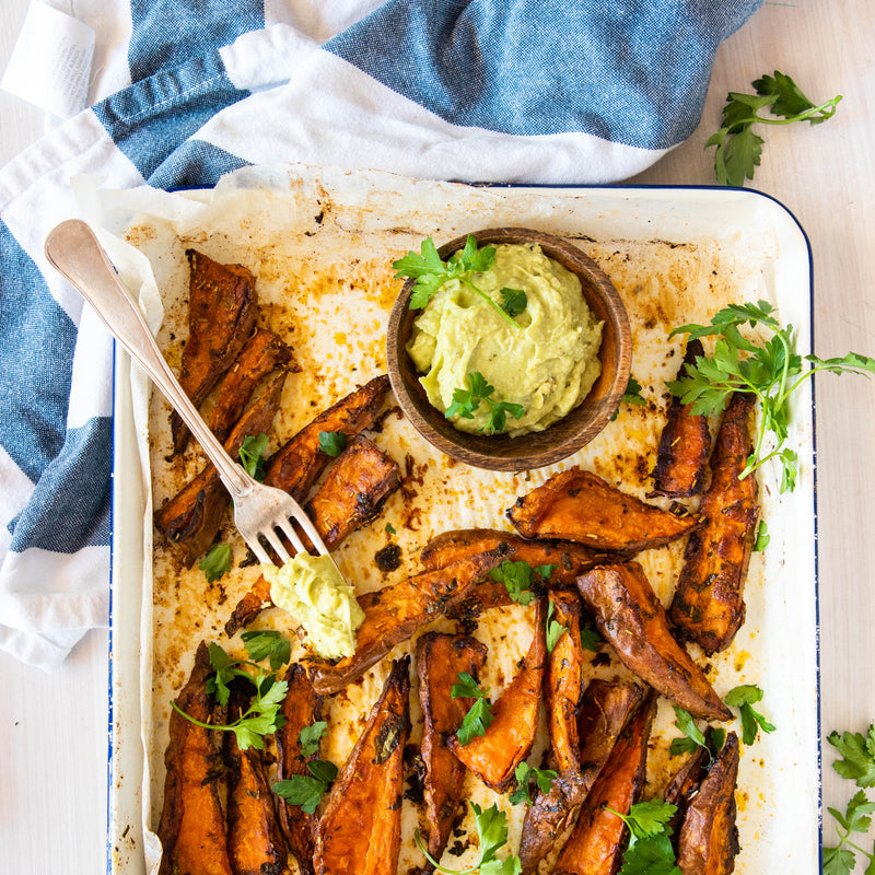 Sweet Potato Fries with Avocado Hummus