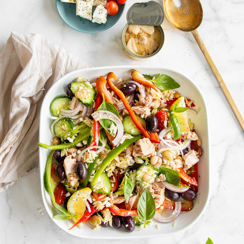 Garlic Tuna Greek Salad with Risoni