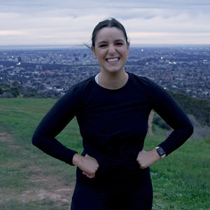 Leah Itsines overlooking city views on a hill at Mount Osmond, Adelaide, South Australia
