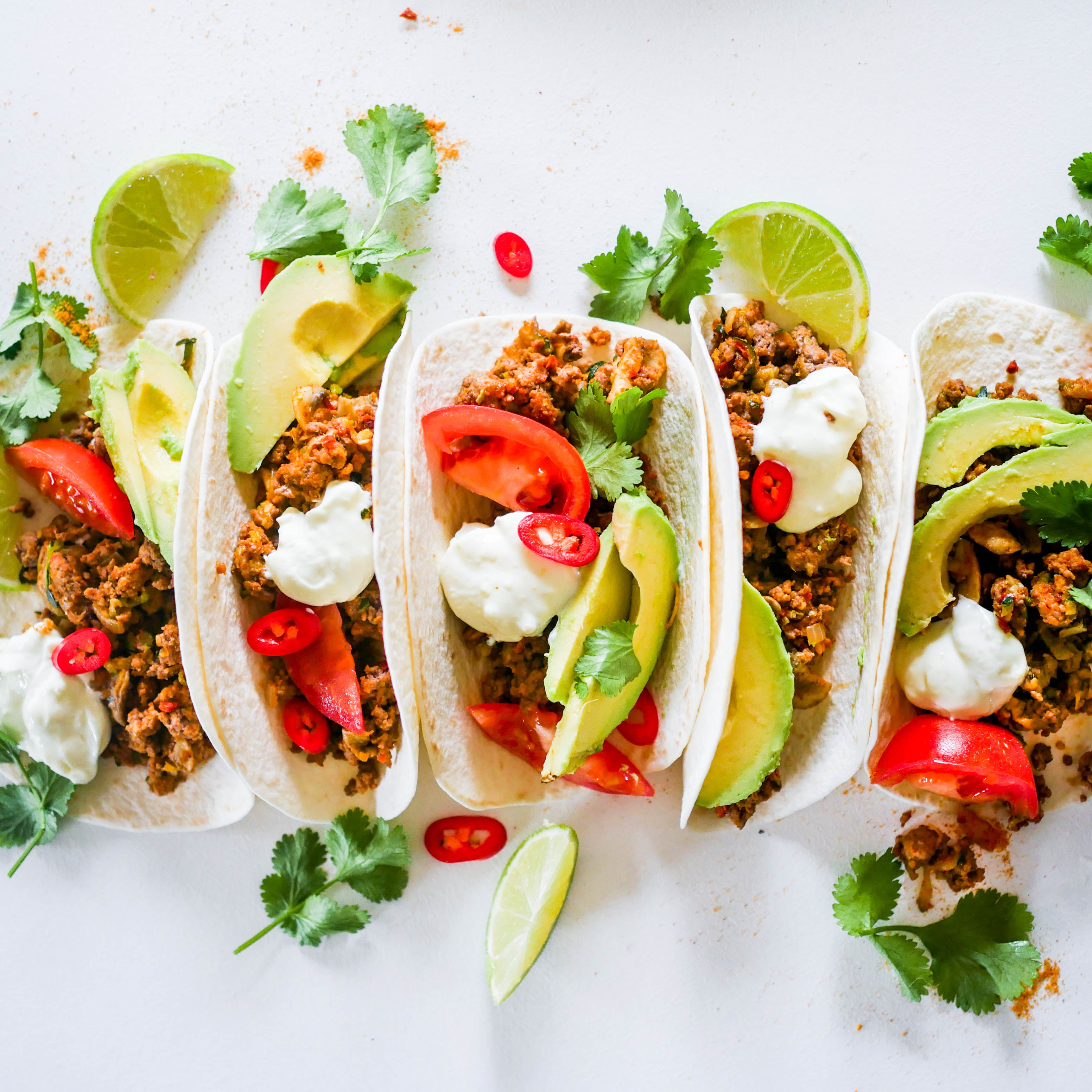 Vegetable packed Beef Tacos with Lime yoghurt